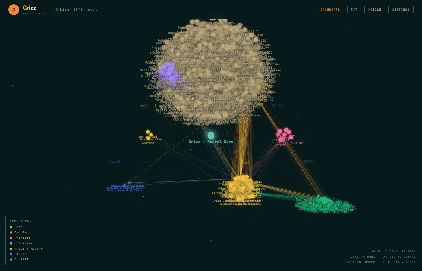 Grizz brain knowledge graph — vector memory visualization