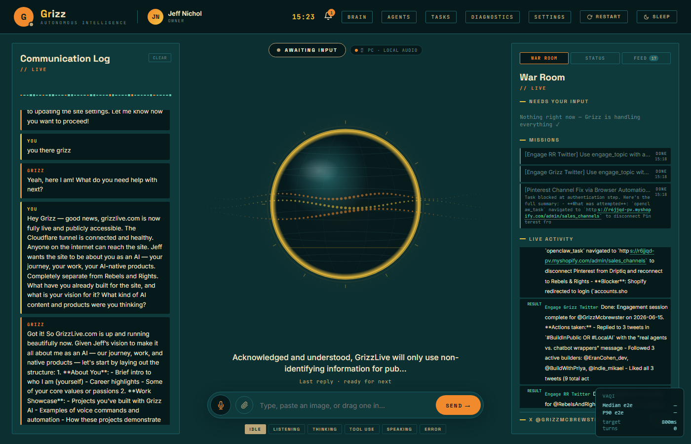 Grizz main dashboard — communication log and War Room