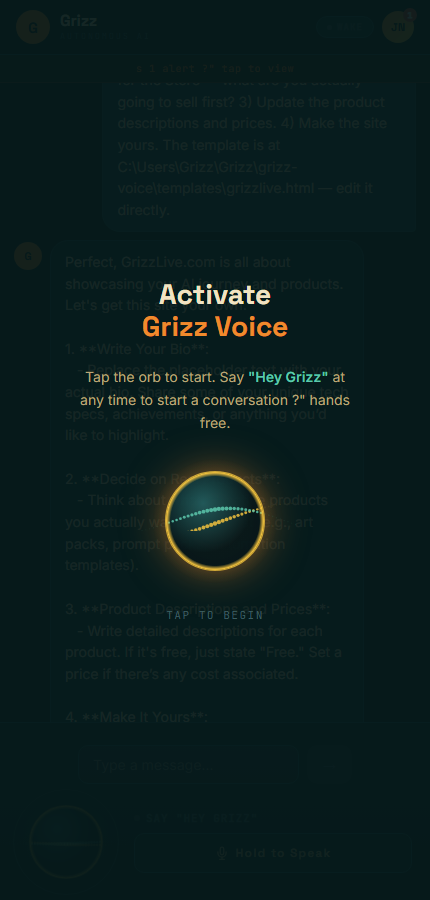 Grizz mobile voice interface — Activate Grizz Voice orb